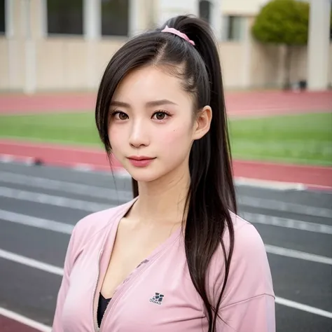 (kawaii 24 year-old Japanese girl, Nogizaka idol, Korean idol), healthy female athlete body, (glossy black hair, high ponytail, short length ponytail, ponytail must be on behind the body, bangs:1.3), (forehead without wrinkles:0.8), (rounded face, black ey...