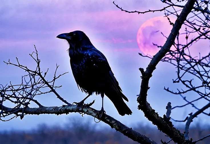 Amidst the twilight shadows, a solitary crow perches atop a gnarled, leafless tree. Its jet-black feathers glisten with an otherworldly sheen, as if touched by the hand of darkness itself. The crows beady eyes, like two glinting orbs of obsidian, fixate on...