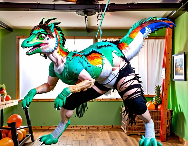 Ultra high resolution, best quality, masterpiece, (pinata transformation:1.4), mid transformation, (a terrified male college boy human deinonychus velociraptor piñata fursuit hybrid trespassing inside a mexican pinata animal shop after dark:1.6), shrinking...