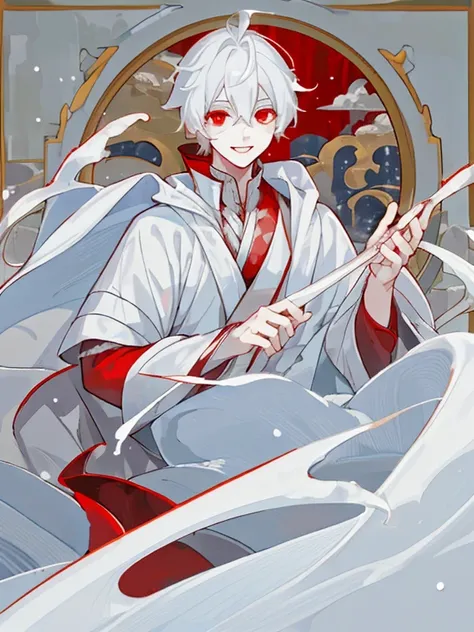 A boy with white hair and red eyes, wearing a princes clothes, Smiling. Against the backdrop of a snowy kingdom