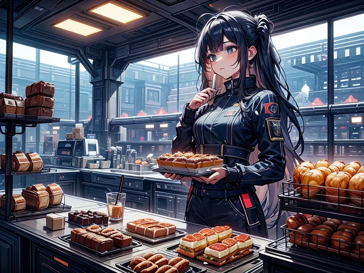 future，on a giant space station，in living area，1 food truck, A girl selling breakfast, Morning, LED light, Color LED, Sandwiches, drinks, Menus,  Breakfast 5 euros, 製作Sandwiches  