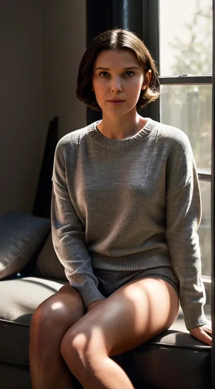 mbb, millie bobby brown, portrait of American girl, happy, wearing sweater and a pair of grey panties, perfect bare legs , with Bob , seduce pose, sitting in living room with morning light coming into dark room, holding a cup of tea,(photo, studio lighting...