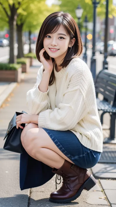 Photo taken by a professional photographer，laughter:1.5，Close-up of a woman squatting on the sidewalk, wearing a sweater, short cut brown hair, hair is messy，young and cute girl, Wearing a super super super super mini skirt:1.5，Wear stylish boots，sit on a ...