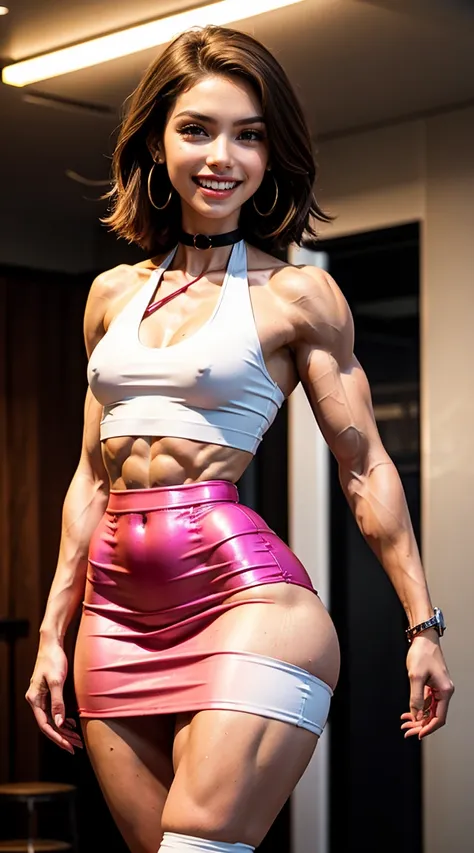 (Muscular:2), (thick thighs:2.3), 
(latina female, tan skin, brown hair:1.5), (adult), beauty mark, 
(hoop earrings, eyeshadow, lipstick:1.5), 
detailed eyes, (big smile:1.8), detailed skin,
(small breasts:1.5),
choker, (pink white and black outfit, halter...