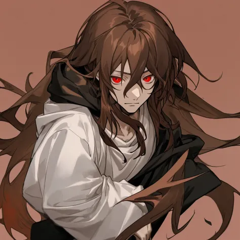 
Anime man with fair skin, red eyes, brown hair, and messy long hair with a nonchalant look on his face wearing a casual black hoodie. Background is a school building and he’s very handsome. Bungou Stray Dogs artstyle.
