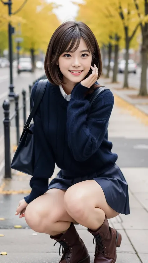 Photo taken by a professional photographer，laughter:1.5，Close-up of a woman squatting on the sidewalk, wearing a sweater, short cut brown hair, hair is messy，young and cute girl, Wearing a super super super super mini skirt:1.5，Wear stylish boots，sit on a ...