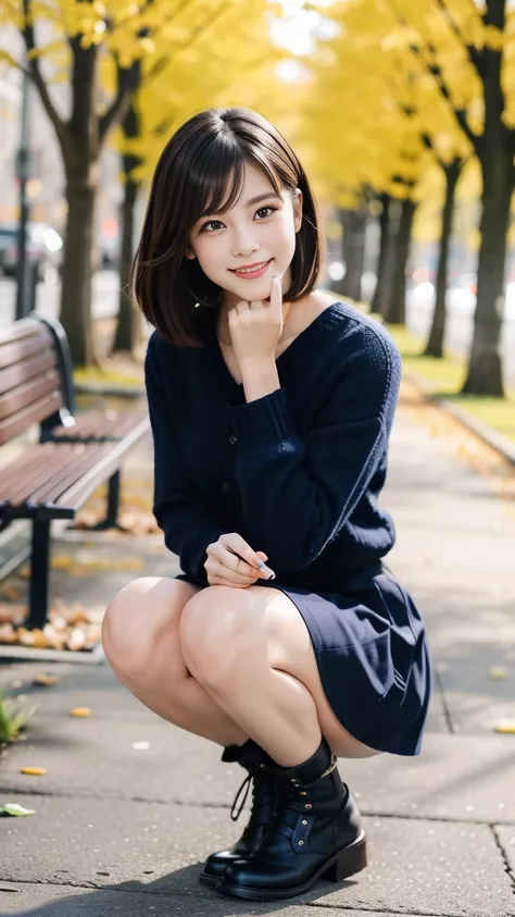 Photo taken by a professional photographer，laughter:1.5，Close-up of a woman squatting on the sidewalk, wearing a sweater, short cut brown hair, hair is messy，young and cute girl, Wearing a super super super super mini skirt:1.5，Wear stylish boots，sit on a ...