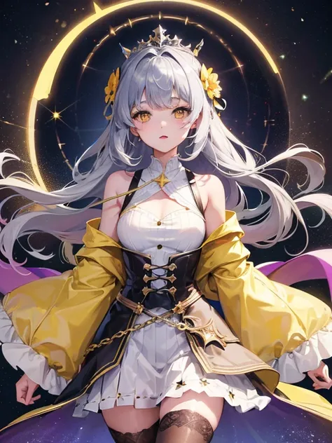 (Highly detailed CG Unity 8K wallpaper, highest quality, masterpiece), ((4k, masterpiece, highest quality)), adult woman, long gray hair, long hair and waist, hair loss, shawl, yellow eyes, single,, full of stars,Purple oversized swing princess dress, Wear...