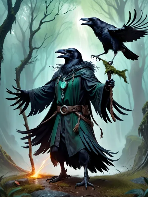 digital painting, fantasy, mythology, anamorphic crow, dressed in druid clothes, with a druid staff, screams in rage, summons powerful forces of nature, magical aura of nature,