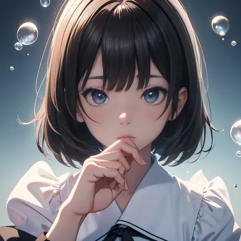 3D illustration、clear eyes、Strong heart、official art, unそれy 8k wallpaper, Super detailed, beautiful and aesthetic, high qualそれy, beautiful, masterpiece, highest qual it y,girl、Lim sore ed palette, short black hair,  (dark), Reduce exposure、Blow bubbles all...