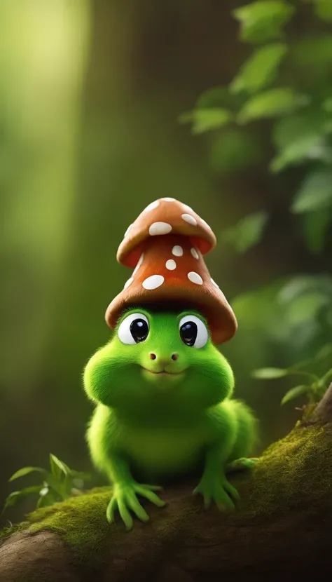 adorable green creature，Semelhante a uma mistura de coelho e cenoura, cute, fofo, peludo, Felpudo, Floresta, Cogumelos, Wear a mushroom hat