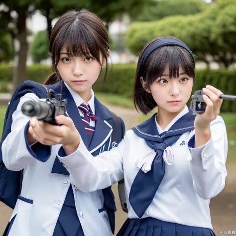 ((Sad expression ∶1.15)),((Japanese high school uniforms: 1.18)),((Shooting a gun at someone ∶1.20)),((Cute Japanese women: 1.10)),Dynamic action pose,Image from the front,16k,Highest image quality,highest quality,Photoreal,((Beautiful medium breasts ∶1.10...