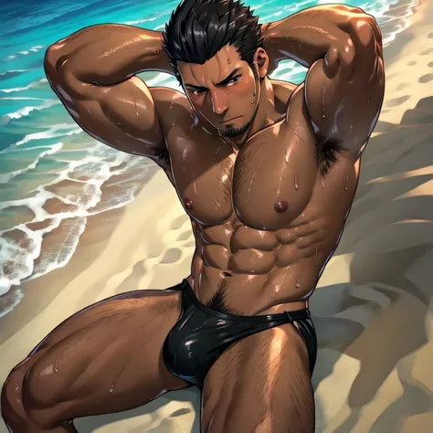 1boy,from above,cowboy shot,kiryu kazuma,black hair,black eyes,stubble,looking at the viewer,tanned sweaty muscles,wet glossy dark skin,completely naked,all black tight thong only,erecting huge bulge,breathing heavily,The whole body is covered with amounts...