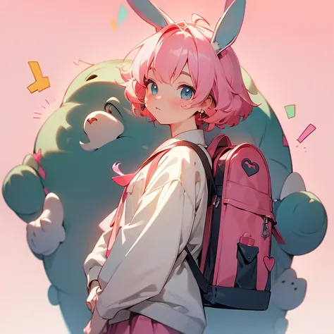 ((best quality)), ((masterpiece)), (detailed), perfect face,normal hand,bunny ears,pink hair,Magic Style,skirt,Large backpack,(background:magic academy)