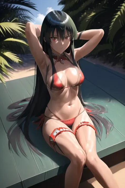 akame (akame ga kill!), (masterpiece, Best quality, wallpaper), (((extremely detailed, complex parts, lush details, insanely detailed face, beautiful red eyes, shiny skin, Keen eyes))), ((Beach, palm trees, is sitting, armpit sexy,long legs, detailed water...