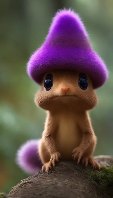 adorable purple creature，Semelhante a uma mistura de coelho e cenoura, cute, fofo, peludo, Felpudo, Floresta, Cogumelos, Wear a mushroom hat