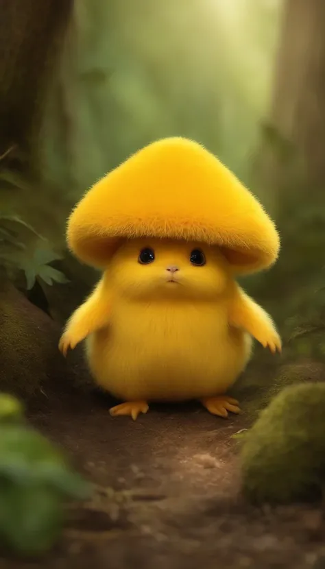 adorable yellow creature，Semelhante a uma mistura de coelho e cenoura, cute, fofo, peludo, Felpudo, Floresta, Cogumelos, Wear a mushroom hat