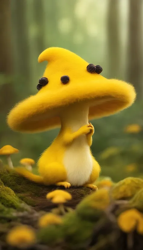 adorable yellow creature，Semelhante a uma mistura de coelho e cenoura, cute, fofo, peludo, Felpudo, Floresta, Cogumelos, Wear a mushroom hat