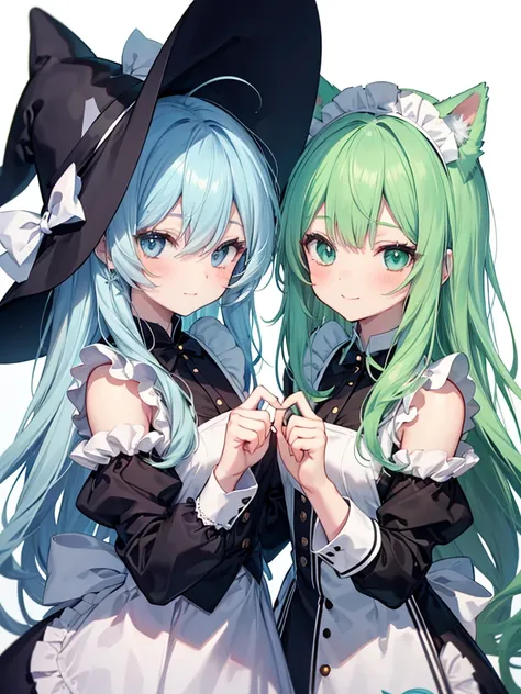 anime style,cute boy,chou kawaii shota,ultra detailed face,
2people is femboy friends,Make a finger heart together,
1of2:light green hair,wavy long hair,dog ears,dog tail,maid costume,
2of2:light blue witch dress,light blue hat,light blue hair,loose long h...