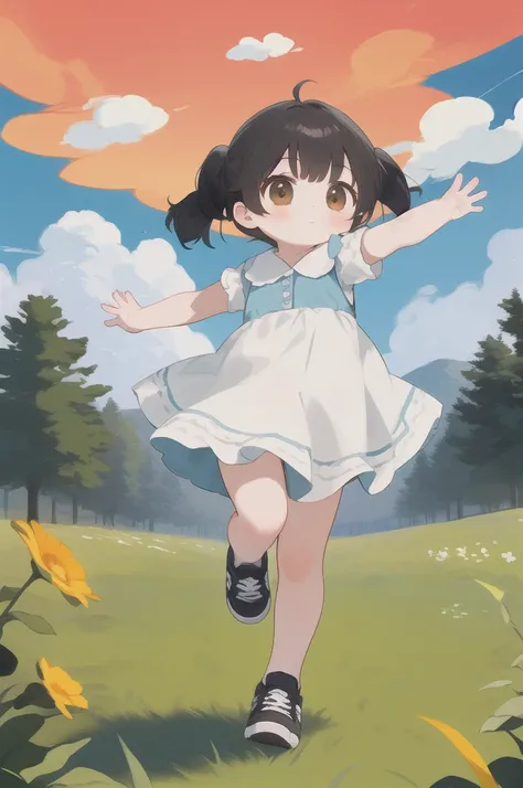 (highest quality,masterpiece:1.3),((1 cute girl:1.2)),(child,8-year-old:1.4), low twin tails, hair, alone, outdoor, cloud, black hair, dress, 白いshoes,red sky, shoes, short sleeve, sneakers, looking at the viewer, brown eyes, white dress, full body, (dynami...