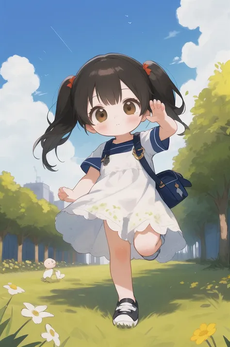 (highest quality,masterpiece:1.3),((1 cute girl:1.2)),(child,8-year-old:1.4), low twin tails, hair, alone, outdoor, cloud, black hair, dress, 白いshoes,red sky, shoes, short sleeve, sneakers, looking at the viewer, brown eyes, white dress, full body, (dynami...