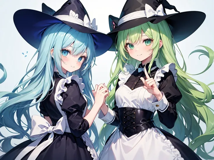 anime style,cute boy,chou kawaii shota,ultra detailed face,
2people is femboy friends,Make a finger heart together,
1of2:light green hair,wavy long hair,dog ears,dog tail,maid costume,
2of2:light blue witch dress,light blue hat,light blue hair,loose long h...