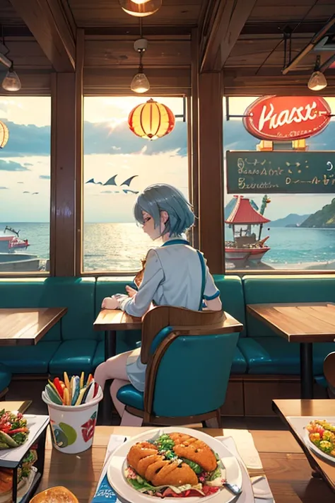 ((best quality)), (((ultradetailed))).(((masterpiece))),illustration/prose。 Krusty Krab, bustling restaurant, fast food, sea creatures, ocean setting.