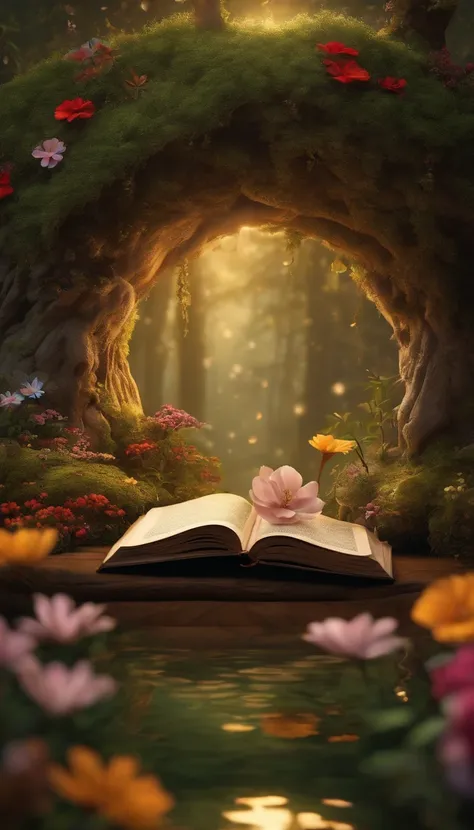 Scenes Within Scenes, Craft compositions where smaller details unfold within a larger scene, An enchanting forest scene hidden within the petals of a blossoming flower or A cozy living room diorama concealed within the pages of an oversized novel, masterpi...