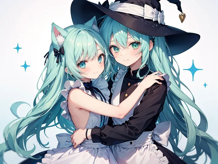 anime style,cute boy,chou kawaii shota,ultra detailed face,
2people is femboy friends,hugging,happy,
1of2:light green hair,wavy long hair,dog ears,dog tail,maid costume,
2of2:light blue witch dress,light blue hat,light blue hair,loose long hair,little smil...