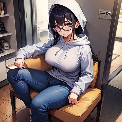 girl、glasses、gray hoodie、jeans、big breasts