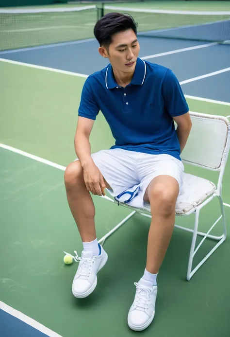 A 25-year-old Asian man in a comfortable blue polo shirt and white tennis shoes is sitting on a chair in the resting area of a tennis court after playing a game of tennis. He is sitting on the grass with his feet naturally resting. There is a towel next to...