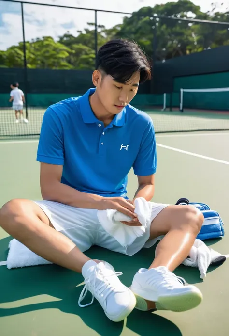 A 25-year-old Asian man in a comfortable blue polo shirt and white tennis shoes is sitting on a chair in the resting area of a tennis court after playing a game of tennis. He is sitting on the grass with his feet naturally resting. There is a towel next to...