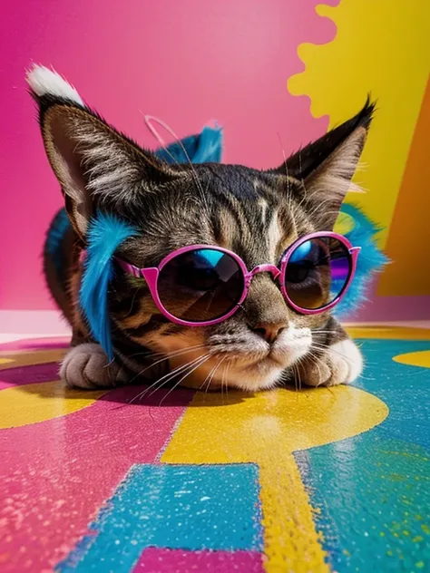 Sweet little abstract Kitty with big funny colorfull sunglasses 