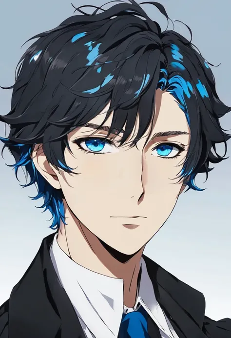 An anime man short hair color black. He has ocean blue eyes. Normal formal wear. Emotion, thinking and analyzing. Background, school and Bungou Stray Dogs artstyle.