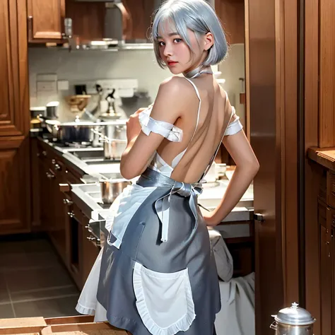 1girl with silver hair, wearing apron, point of view from behind, HD,Ultra HD, Detailed,4k,8k,