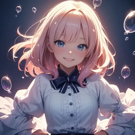 3D illustration、clear eyes、Strong heart、official art, unそれy 8k wallpaper, Super detailed, beautiful and aesthetic, high qualそれy, beautiful, masterpiece, highest qual it y,girl、Lim sore ed palette, short hair,  Blow bubbles all around、smile