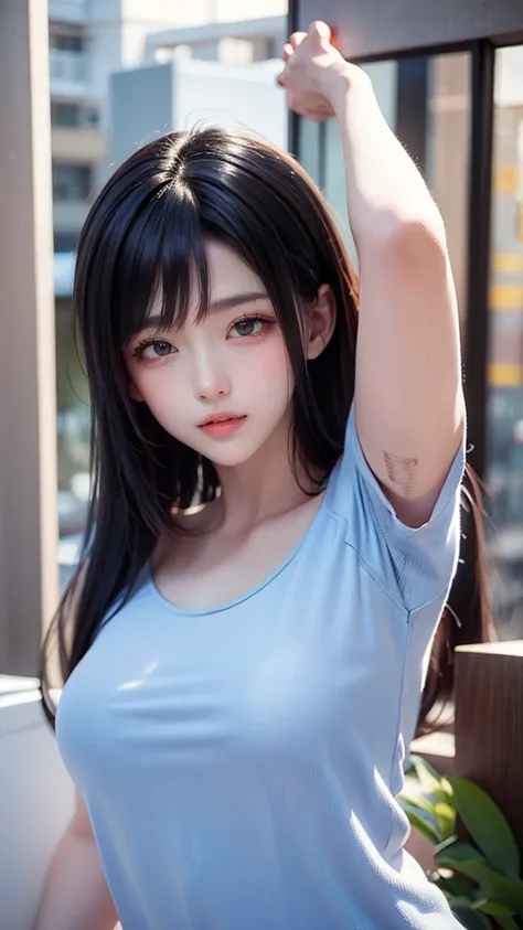 Anime girl with long hair and a blue shirt posing for a photo, realistic anime 3D スタイル, Realistic 3D animation, realistic anime, realistic anime girl render, Smooth anime CG art, anime styled 3d, realistic anime art style, Realistic style of anime, anime s...