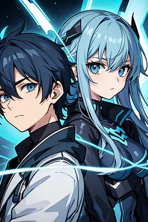 Cyber ​​anime 2 shots of a masked boy with blue and dark gray hair and a girl with light blue base