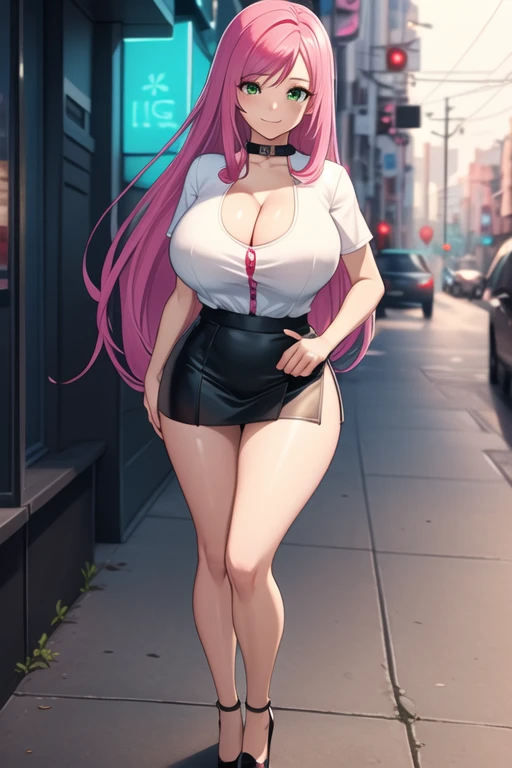 1 girl, 19 years old, Long pink hair, green eyes with slit pupils, master-piece, best quality, (standing up), (white crop blouse), (tight short sleeve white crop blouse, black pencil mini skirt, bright red heels, cleavage),  (Big , ultra gigantic , Super s...