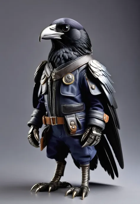 Realistic portraits of animals wearing clothes, Raven Pilot, whole body，stand，(Metal paws:1.5)，(metal wings:1.5)，high quality, Very detailed, studio lighting, 