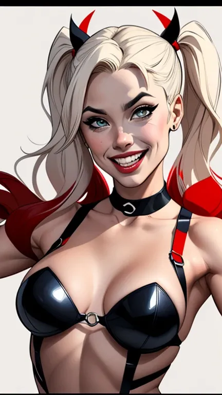 Personagem usando roupasestilo Cartoon espartilhos roupas de inferno Harley quinn de desenho animado de uma mulher .cartoon style illustration, estilo de arte dos computadores roupas de vampira desenhos animados, estilo de arte dos desenhos animados, smile...