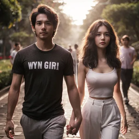 RAW, photorealistic. Two romantic couples, handsome Indonesian man, short hair, black t-shirt that says "WYN GIRI", beautiful Thai woman, wavy hair, white t-shirt that says, "AYUNI GIRI", pressed body trousers, walking forward, holding hands, very realisti...