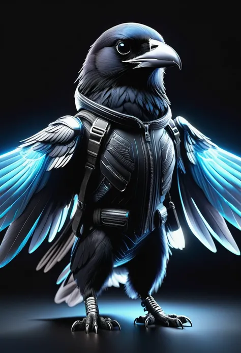 rim light, bioluminescence, ((line drawing)), Glowing translucent fluorescent, Realistic portraits of animals wearing clothes, (Raven Pilot), (whole body), stand, (Metal paws:1.5), (metal wings:1.5), a crow, glow, holographic, high resolution, (black backg...