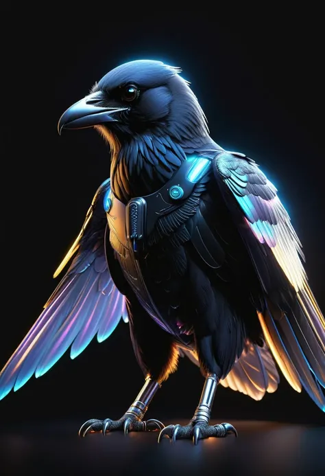 rim light, bioluminescence, ((line drawing)), Glowing translucent fluorescent, Realistic portraits of animals wearing clothes, (Raven Pilot), (whole body), stand, (Metal paws:1.5), (metal wings:1.5), a crow, glow, holographic, high resolution, (black backg...