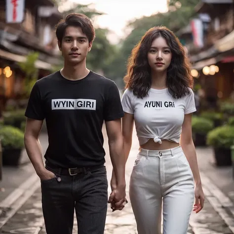 RAW, photorealistic. Two romantic couples, handsome Indonesian man, short hair, black t-shirt that says "WYN GIRI", beautiful Thai woman, wavy hair, white t-shirt that says, "AYUNI GIRI", pressed body trousers, walking forward, holding hands, very realisti...