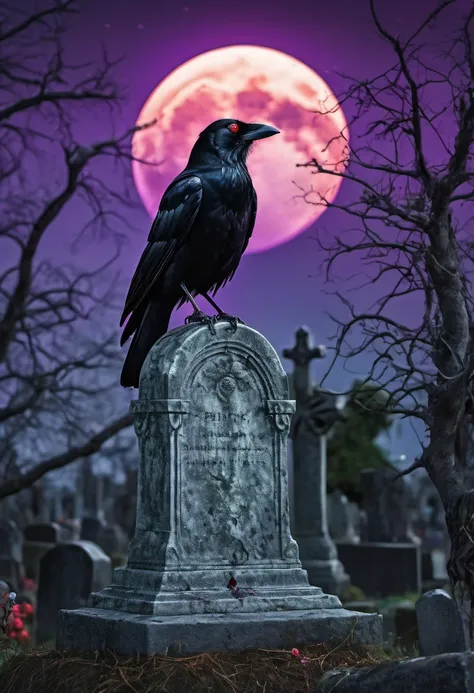 (best quality,8k,high resolution,masterpiece:1.2),(super detailed,actual:1.37),at night,in the cemetery,a red-eyed crow perched ...