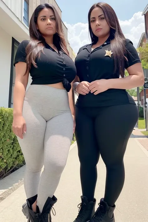   two identical woman  40 year old canadian women with light brunette hair is wearing chauffer uniform and leggings 