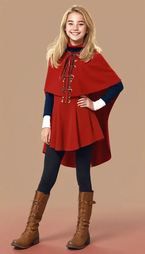 a slight, happy girl in her teens. she has golden hair and brown eyes. she is wearing a red tunic with a vest, cape, leggings and boots. digital art style