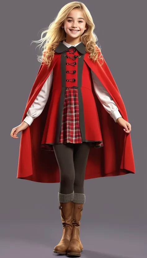 a slight, happy girl in her teens. she has golden hair and brown eyes. she is wearing a red tunic with a vest, cape, leggings and boots. digital art style