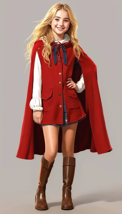 a slight, happy girl in her teens. she has golden hair and brown eyes. she is wearing a red tunic with a vest, cape, leggings and boots. digital art style